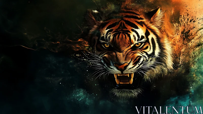 Roaring tiger emerges from abstract nebular fire and smoke
