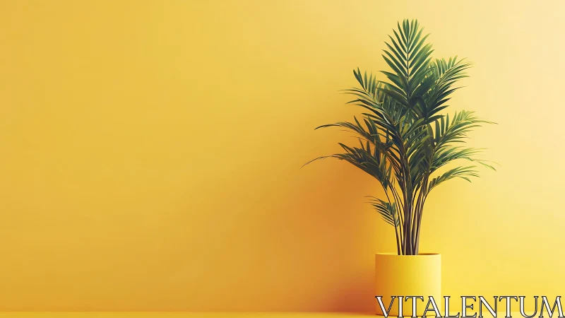 Minimalist yellow interior with potted palm against backdrop.