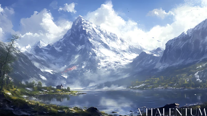 Snowcrowned titan above a glass lake of quiet echoes.