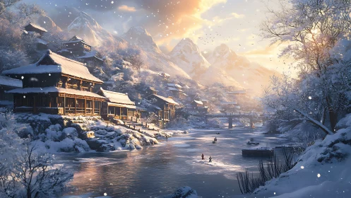 Snowlit riverside village under golden mountain sunrise.