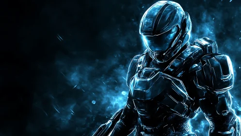 Neon-lit armored soldier in glowing blue particle storm.