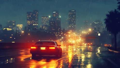 Rain-soaked city freeway where taillights hum like neon prayers.