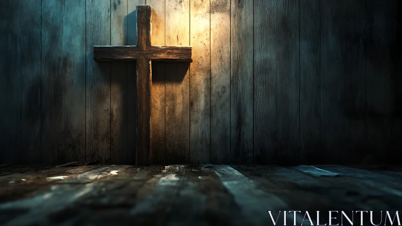 Textured wooden cross under dramatic volumetric spotlighting.