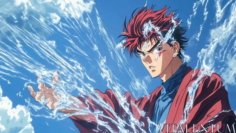 Red haired anime figure directing water streams in sky.