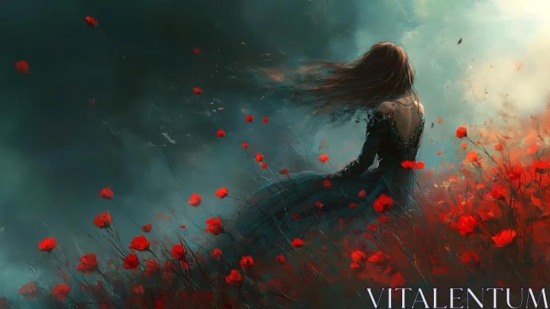 Solitary woman in dark gown amid windblown red poppy field