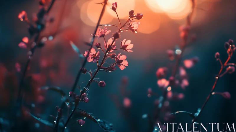 Close-up of small pink blossoms against blurred sunset light.