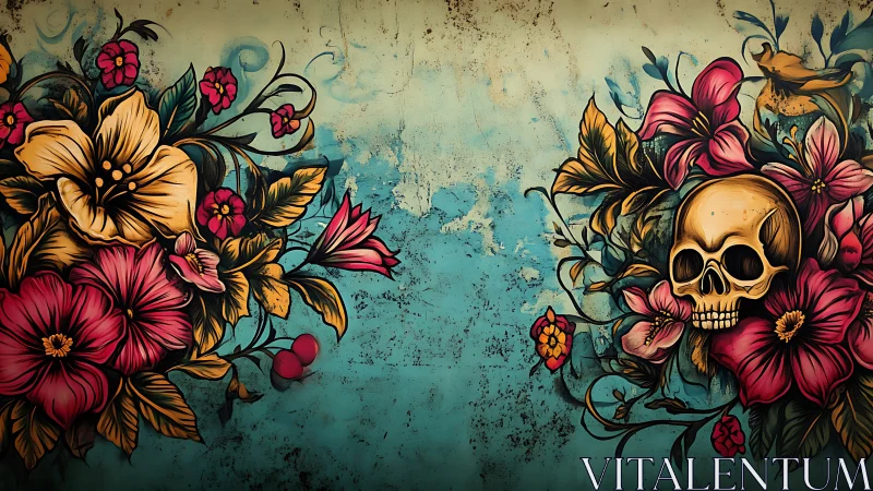 Floral whispers and a quiet skull on weathered teal dreams.