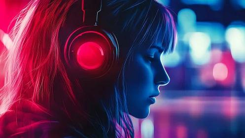 Profile view of person with headphones in neon lights.