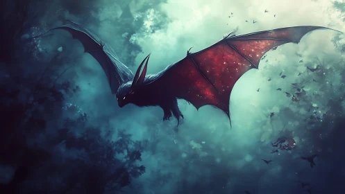 Large red-winged bat-like creature in misty night sky.