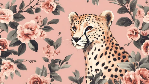 Cheetah portrait on blush floral ground, stylized vector illustration