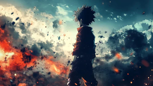 Silhouetted anime figure amid clouds and drifting embers.