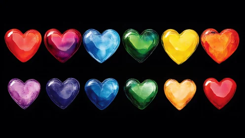Vibrant glass hearts align in two luminous chromatic rows