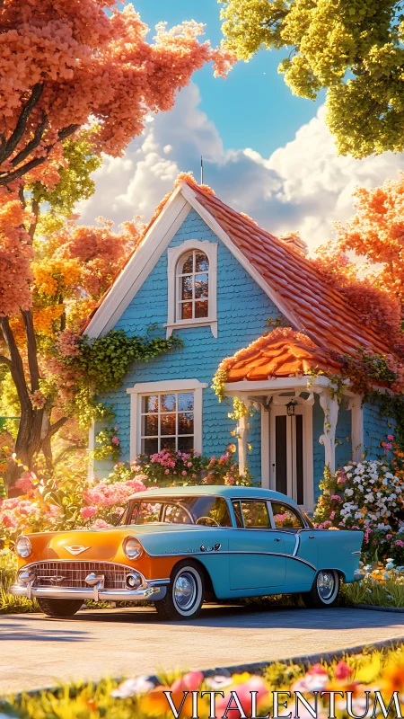 Vintage car rests by a pastel cottage in glowing spring light