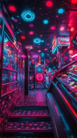 Neon stairway slips into a star-splashed arcade dream