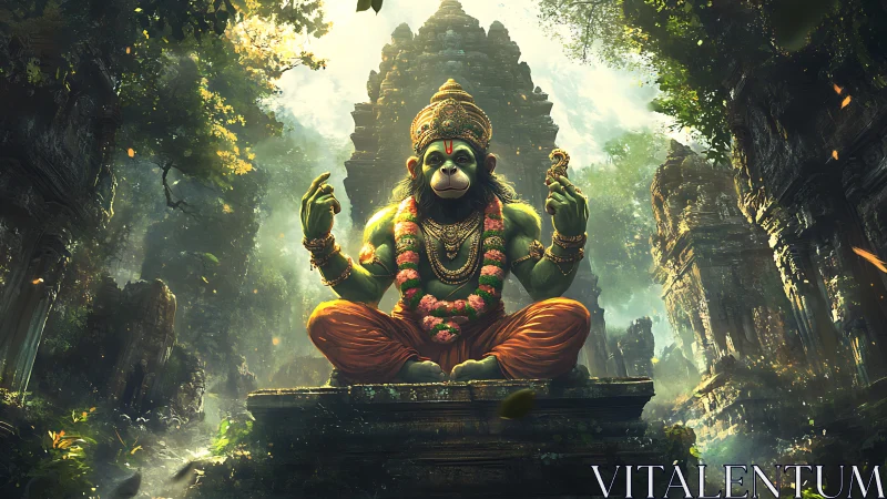Hanuman-inspired monkey deity meditating in jungle ruins.