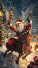 Joyful Santa dashes through a glittering Christmas snowfall.