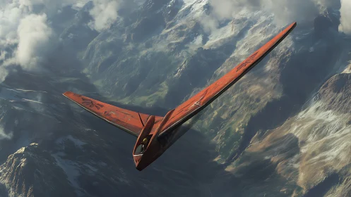 Red stealth glider knifes through sunlit alpine canyon.