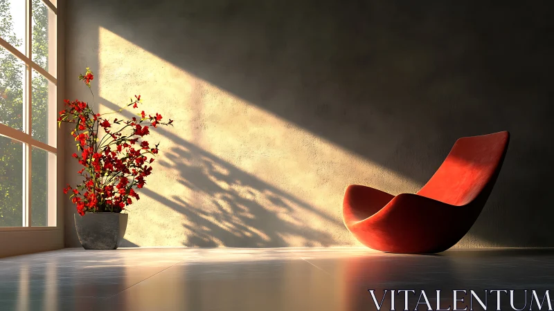 Parametric red lounge chair in hard-edged volumetric sunlight.