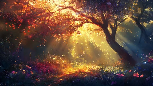 Sunlit forest clearing displays dense foliage and ground flora