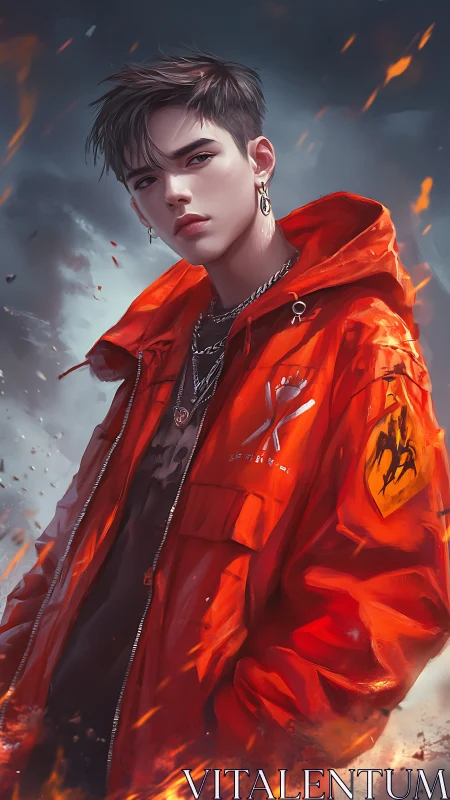 Storm-lit street rebel wrapped in blazing orange calm.