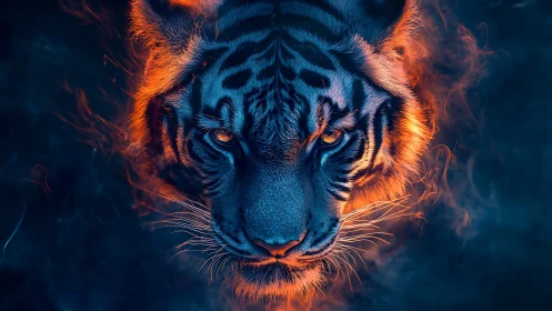 Fiery neon tiger portrait in swirling embers and smoke.