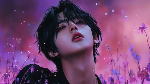 Velvet gaze beneath neon petals in a twilight bloomstorm.