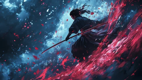 Lone samurai wields katana amid red storm of energy.