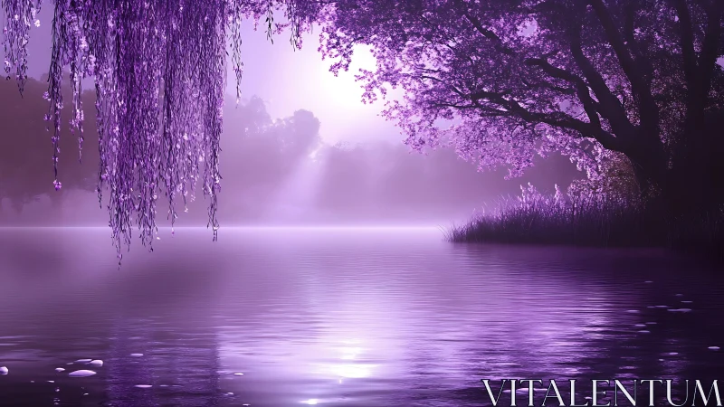 Lavender twilight lake with cascading blossom reflections.