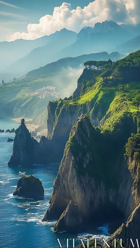 Sunlit emerald sea cliffs with layered misty mountain backdrop.