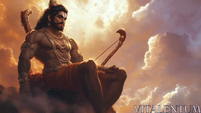 Heroic warrior deity in dynamic cloudscape, volumetric lighting study