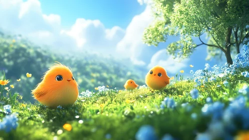 Fluffy baby chicks basking in a glowing spring meadow.