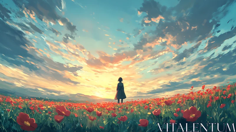 Solitary figure greets a glowing sunset above scarlet poppies