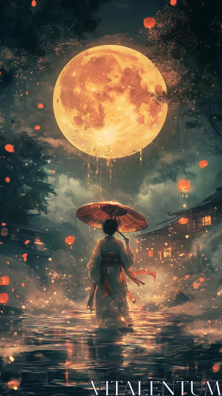 Moonlit wanderer strolls beneath a dripping lantern sky