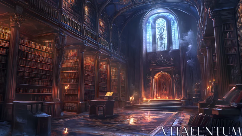Grand arcane library bathed in cinematic stained-glass glow.