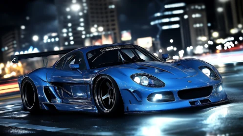 Turbocharged blue race car glows on slick neon city streets.