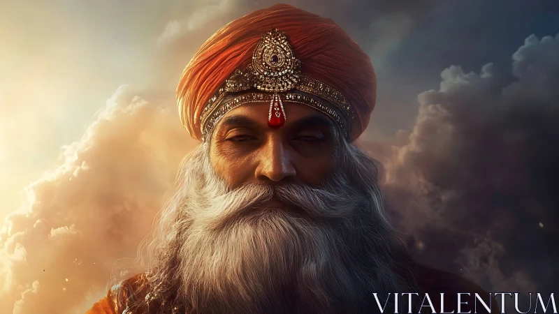 Digital painting portrait of regal mystic elder in clouds.