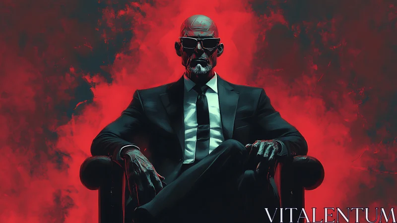 Sinister suited figure sits in a crimson cloud of power