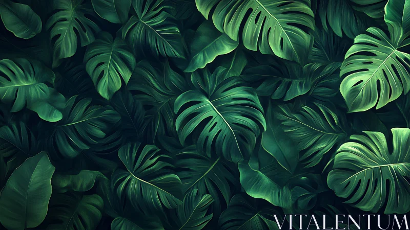 Dense overlapping monstera foliage in deep green tones.