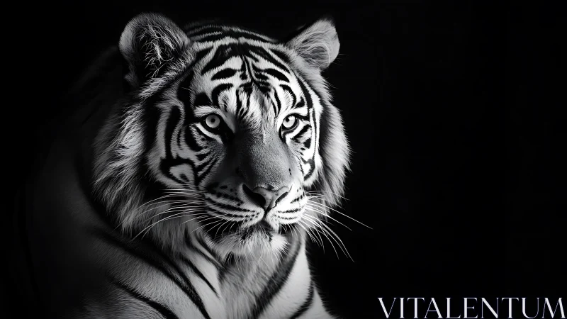 Monochrome tiger portrait in dramatic low key lighting.