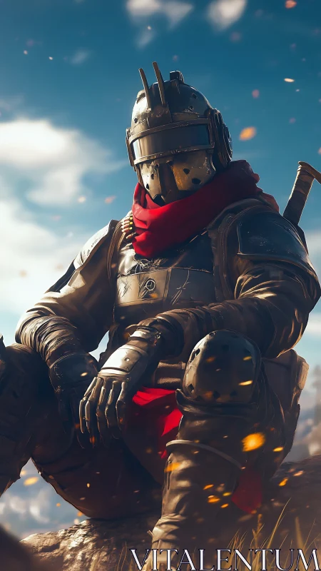 Armored futuristic soldier seated outdoors in daylight.