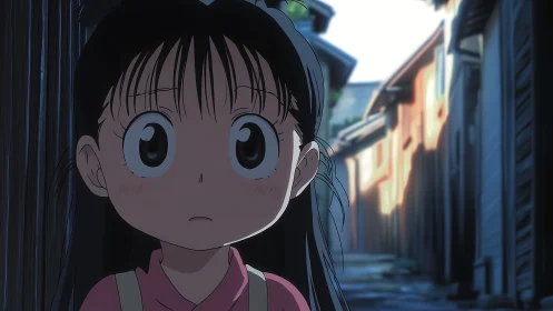 Quiet alley moment with a wide eyed anime girl in pink.