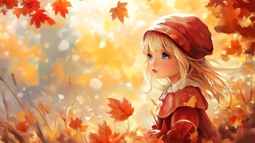 Golden autumn girl gazes softly through swirling fall leaves