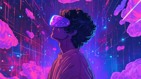 Curly haired teen in VR visor within neon holographic cloudspace