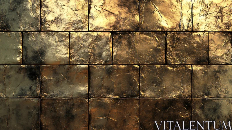Textured metallic brick wall with distressed golden patina.
