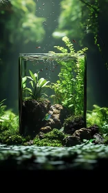 Quiet forest aquarium glowing with tiny drifting fish.