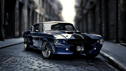 Midnight blue muscle car glows with power on wet cobblestones