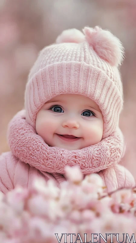 Smiling infant wrapped in soft pink knit winter attire with fuzzy pompom accents.