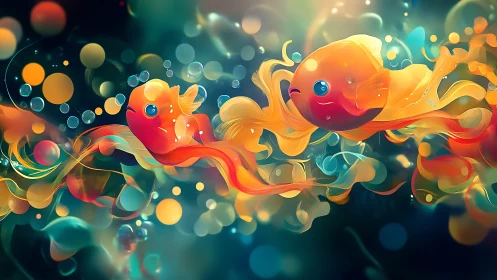 Goldfish comets drift through neon bubbles and liquid light