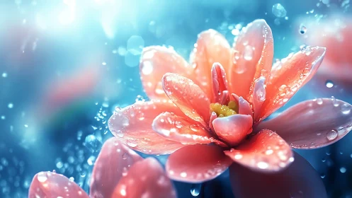 Red petals adorned with dewdrops against luminous sky.