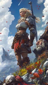 Elf warrior stands on rocky slope amid fallen fighters